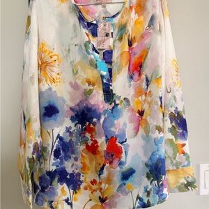 Pleione White Watercolor Floral Button-Front Blouse